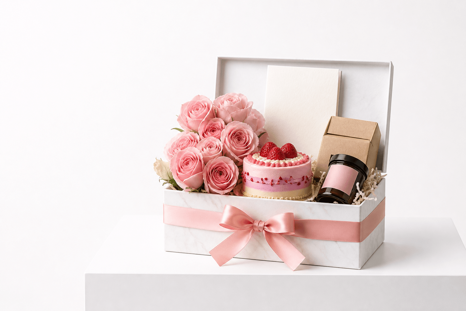 An open white gift box filled with pink garden roses, a cake and wrapped parcels, tied with a rose satin ribbon